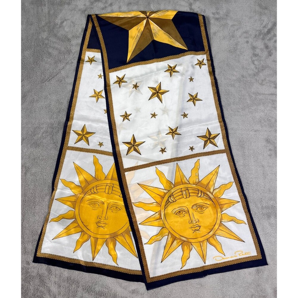 Oscar De La Renta Silk Scarf Celestial Sun Stars Rectangle Fringe Japan Vintage